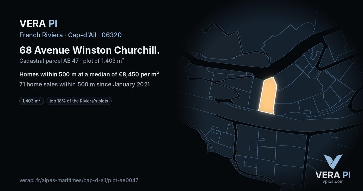 68 Avenue Winston Churchill, Cap-d'Ail at night – the plot lit, the parcels around coloured by the prices near them