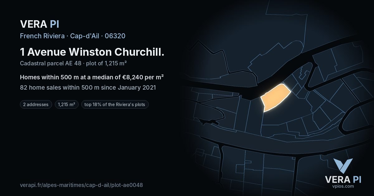 1 Avenue Winston Churchill, Cap-d'Ail at night – the plot lit, the parcels around coloured by the prices near them
