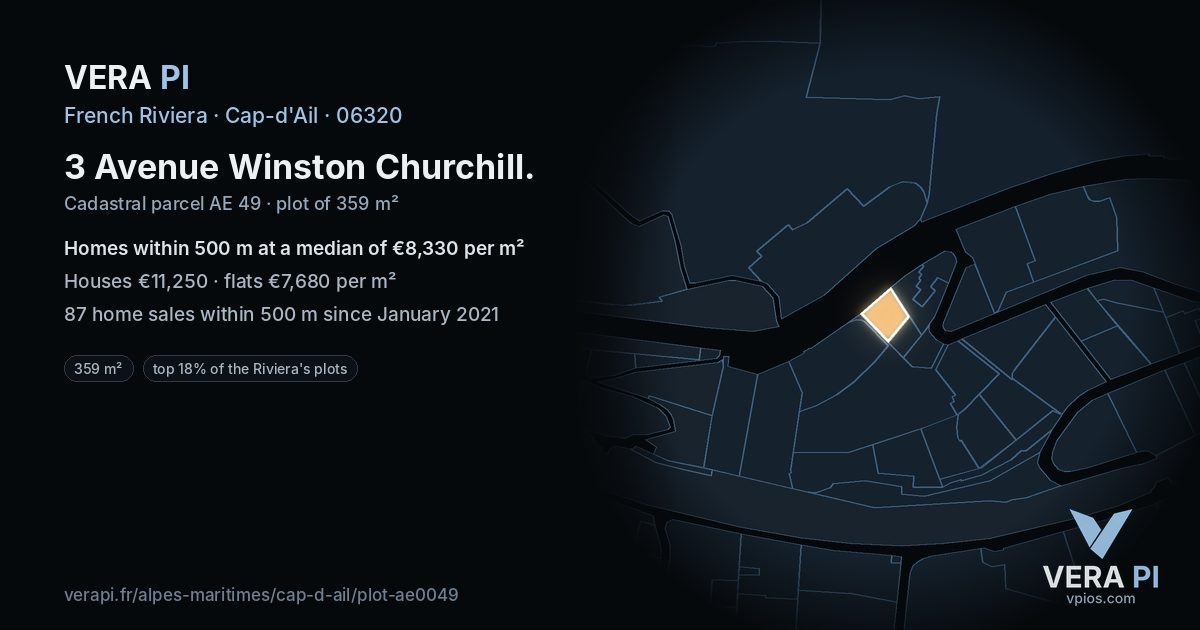 3 Avenue Winston Churchill, Cap-d'Ail at night – the plot lit, the parcels around coloured by the prices near them