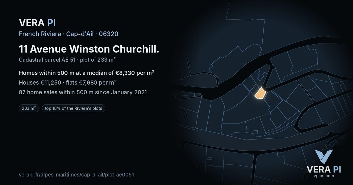 11 Avenue Winston Churchill, Cap-d'Ail at night – the plot lit, the parcels around coloured by the prices near them
