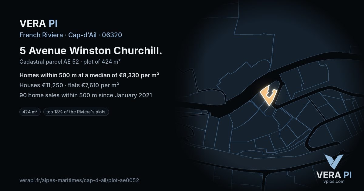 5 Avenue Winston Churchill, Cap-d'Ail at night – the plot lit, the parcels around coloured by the prices near them