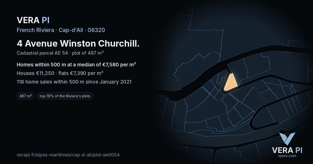4 Avenue Winston Churchill, Cap-d'Ail at night – the plot lit, the parcels around coloured by the prices near them