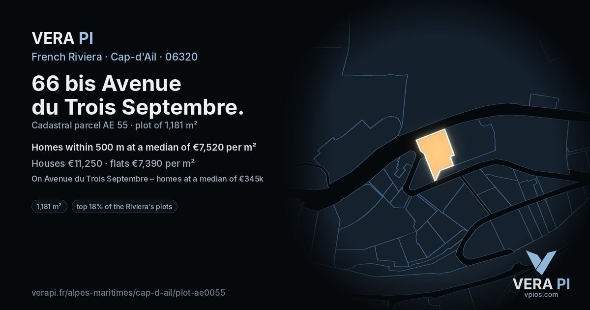 66 bis Avenue du Trois Septembre, Cap-d'Ail at night – the plot lit, the parcels around coloured by the prices near them