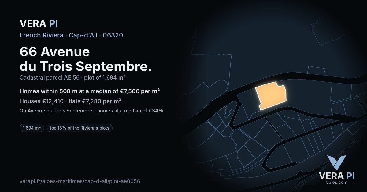 66 Avenue du Trois Septembre, Cap-d'Ail at night – the plot lit, the parcels around coloured by the prices near them