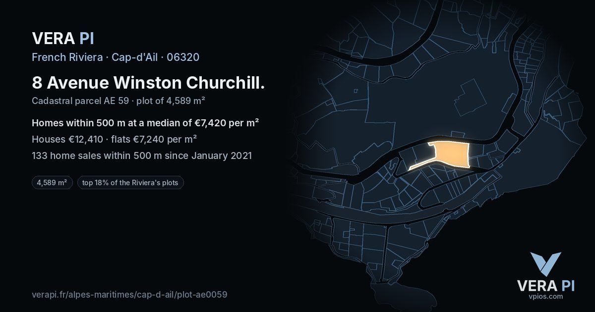 8 Avenue Winston Churchill, Cap-d'Ail at night – the plot lit, the parcels around coloured by the prices near them