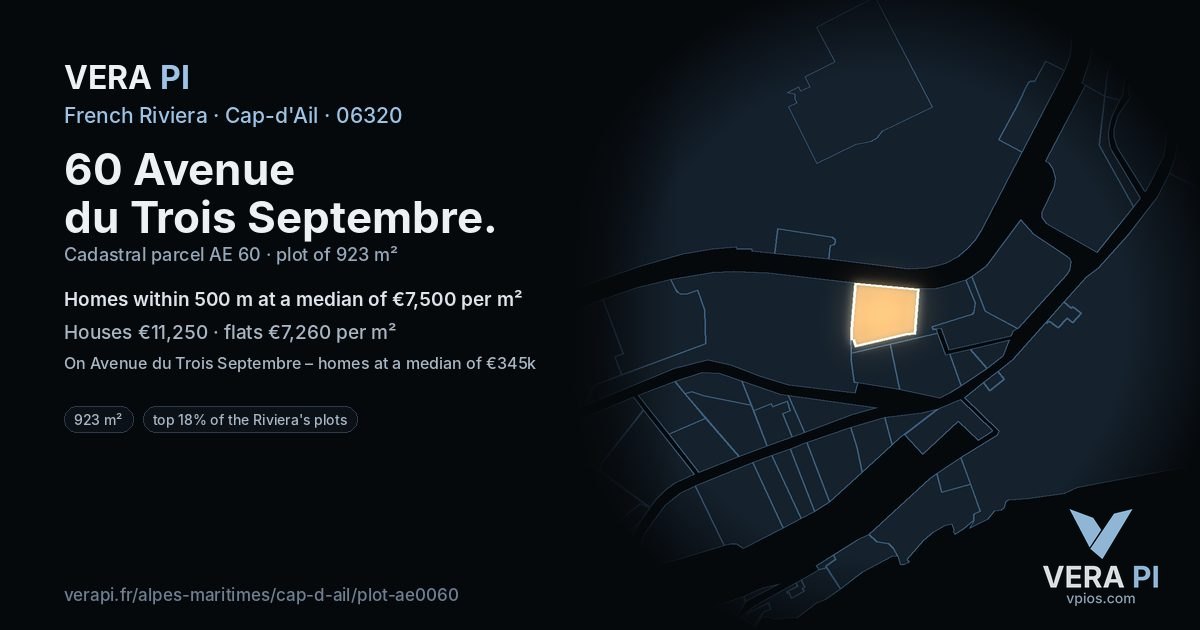 60 Avenue du Trois Septembre, Cap-d'Ail at night – the plot lit, the parcels around coloured by the prices near them
