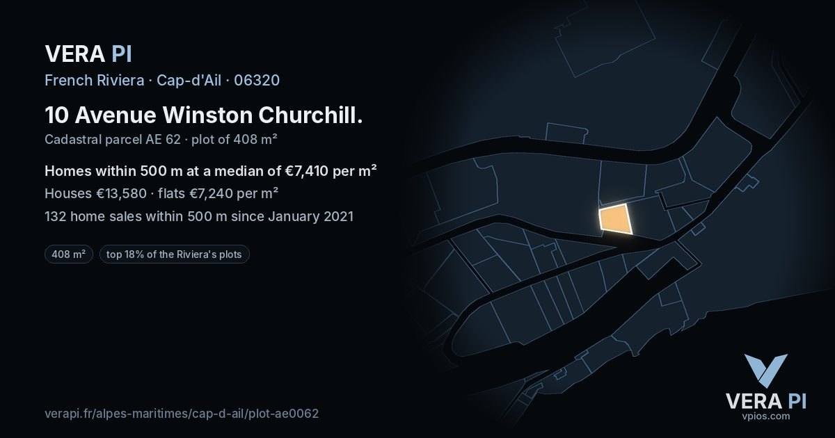 10 Avenue Winston Churchill, Cap-d'Ail at night – the plot lit, the parcels around coloured by the prices near them