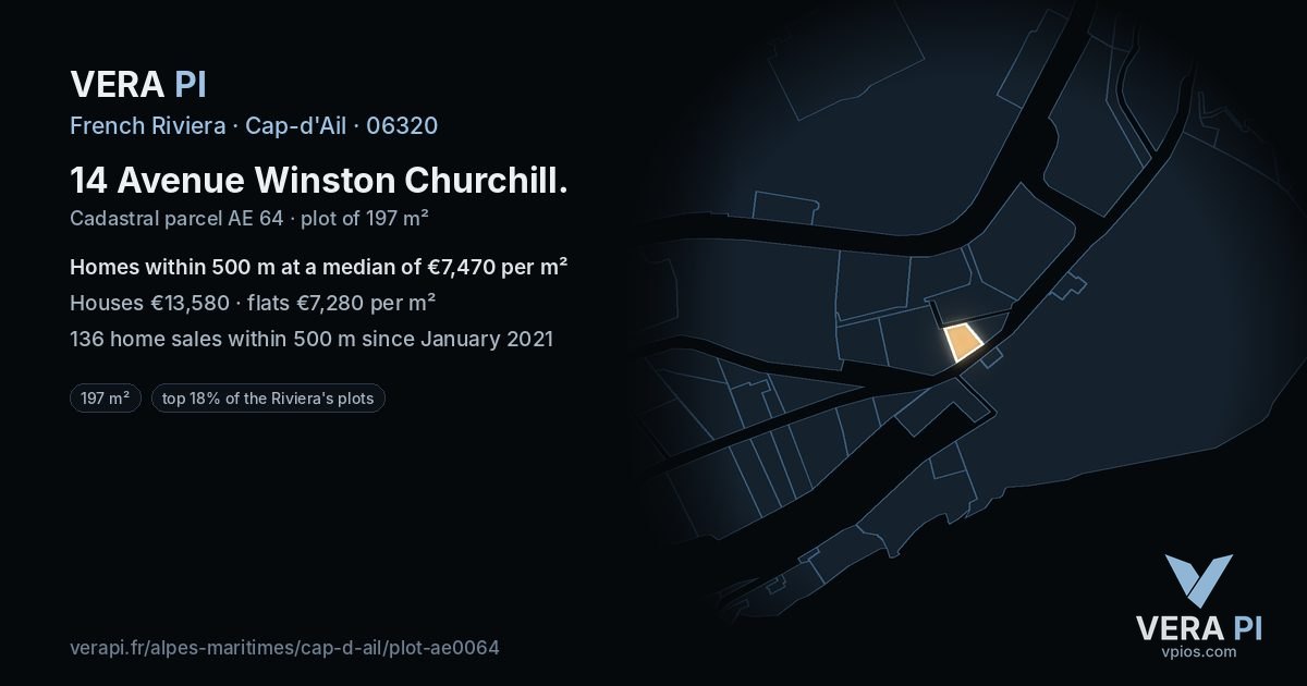 14 Avenue Winston Churchill, Cap-d'Ail at night – the plot lit, the parcels around coloured by the prices near them