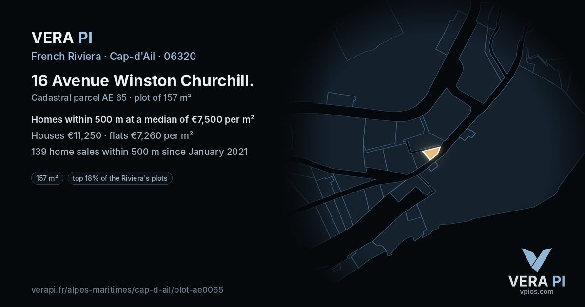 16 Avenue Winston Churchill, Cap-d'Ail at night – the plot lit, the parcels around coloured by the prices near them