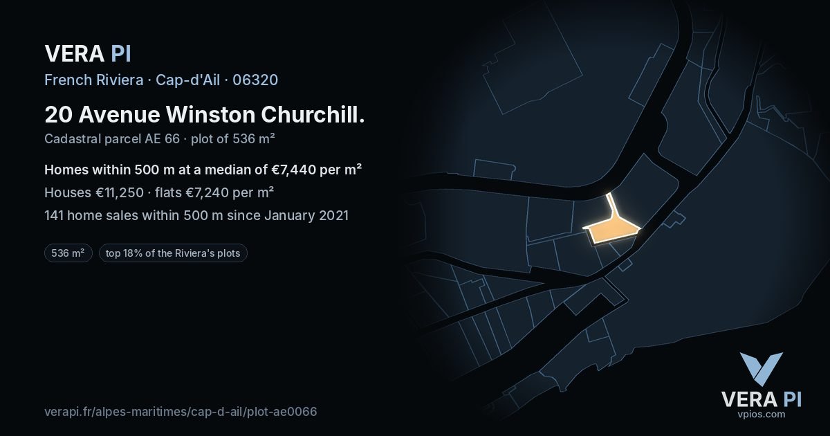 20 Avenue Winston Churchill, Cap-d'Ail at night – the plot lit, the parcels around coloured by the prices near them