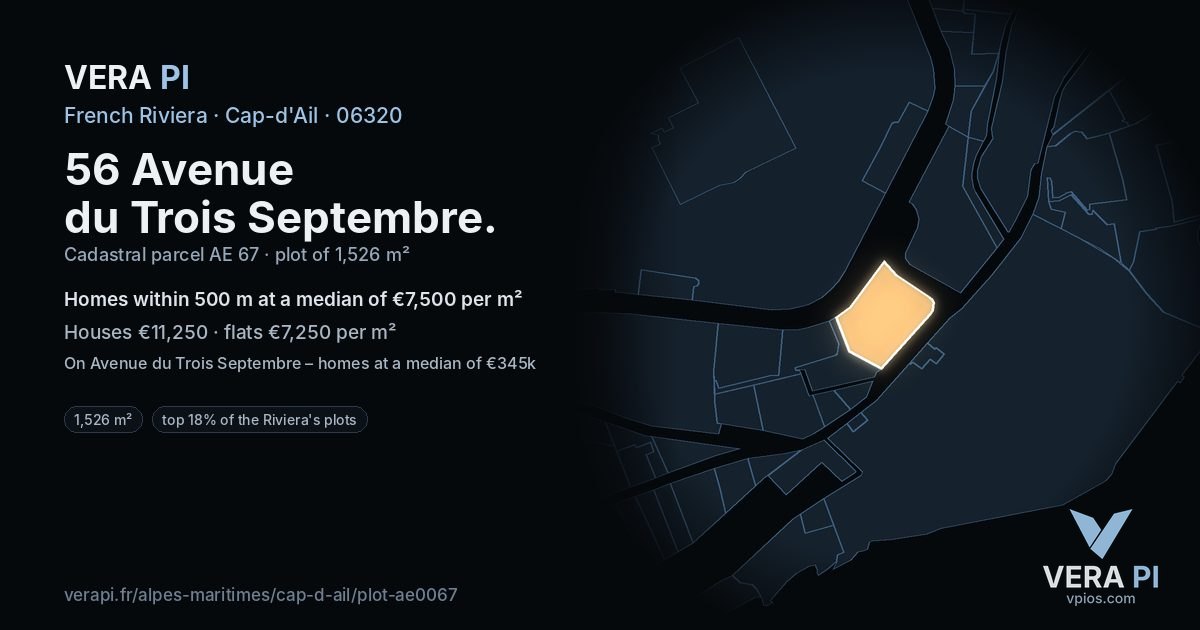 56 Avenue du Trois Septembre, Cap-d'Ail at night – the plot lit, the parcels around coloured by the prices near them