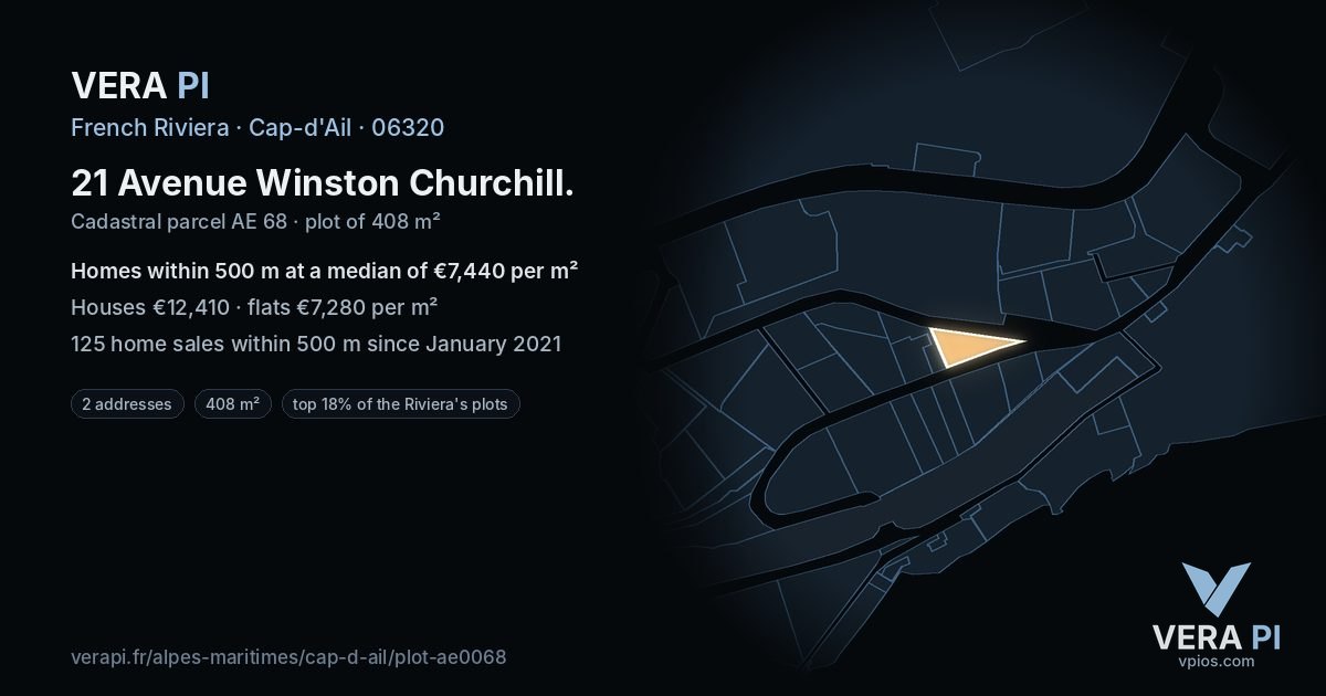 21 Avenue Winston Churchill, Cap-d'Ail at night – the plot lit, the parcels around coloured by the prices near them