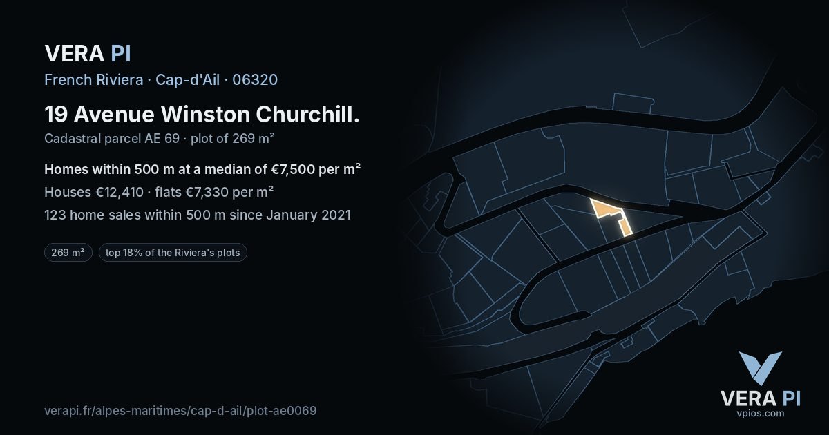 19 Avenue Winston Churchill, Cap-d'Ail at night – the plot lit, the parcels around coloured by the prices near them