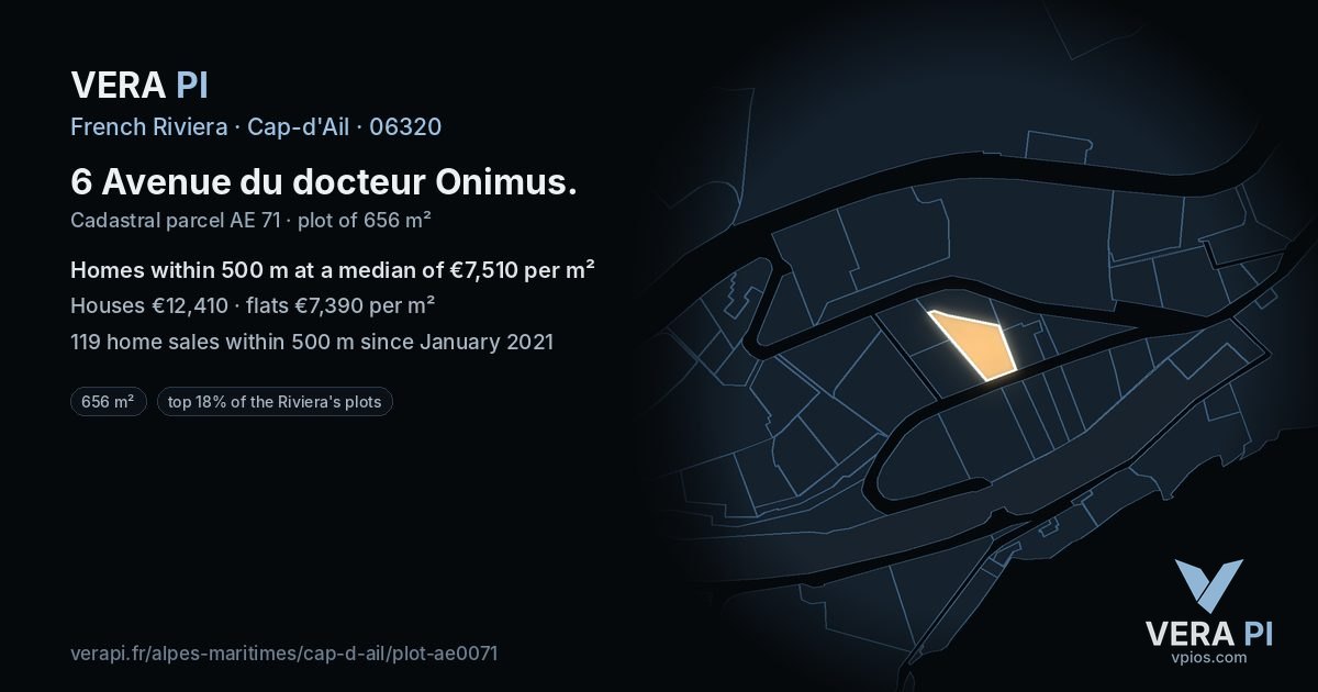 6 Avenue du docteur Onimus, Cap-d'Ail at night – the plot lit, the parcels around coloured by the prices near them
