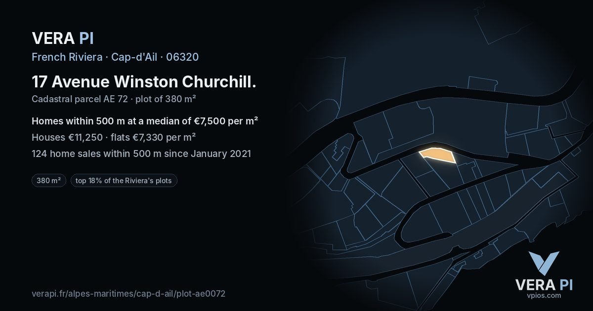 17 Avenue Winston Churchill, Cap-d'Ail at night – the plot lit, the parcels around coloured by the prices near them