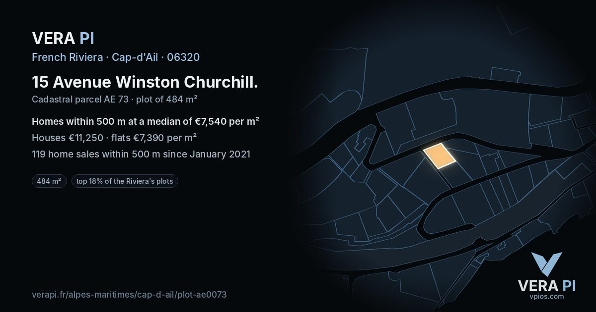 15 Avenue Winston Churchill, Cap-d'Ail at night – the plot lit, the parcels around coloured by the prices near them