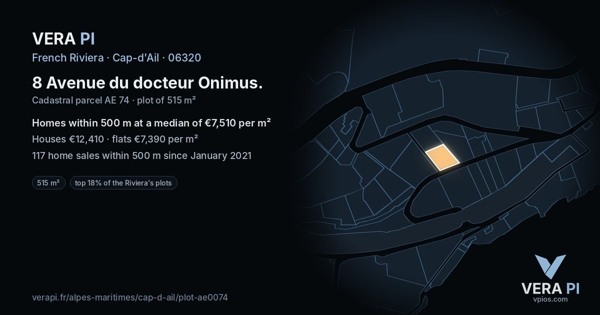 8 Avenue du docteur Onimus, Cap-d'Ail at night – the plot lit, the parcels around coloured by the prices near them