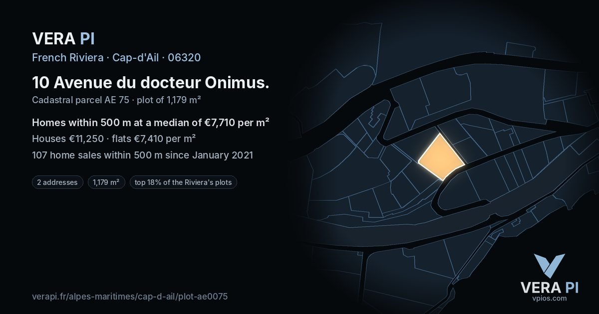 10 Avenue du docteur Onimus, Cap-d'Ail at night – the plot lit, the parcels around coloured by the prices near them