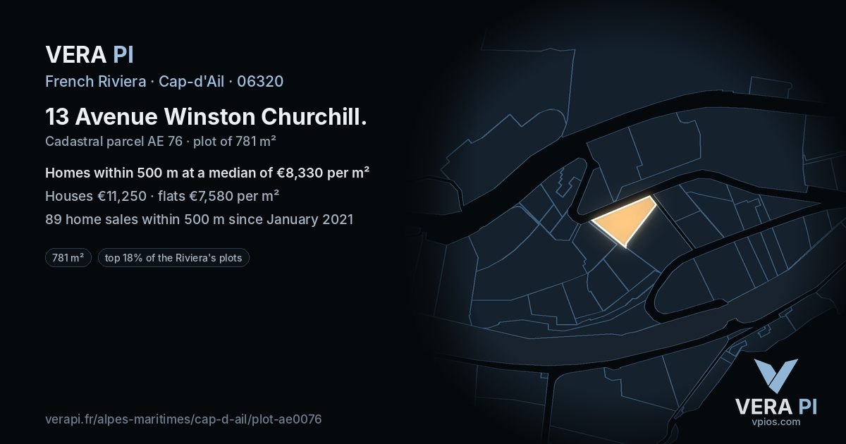 13 Avenue Winston Churchill, Cap-d'Ail at night – the plot lit, the parcels around coloured by the prices near them