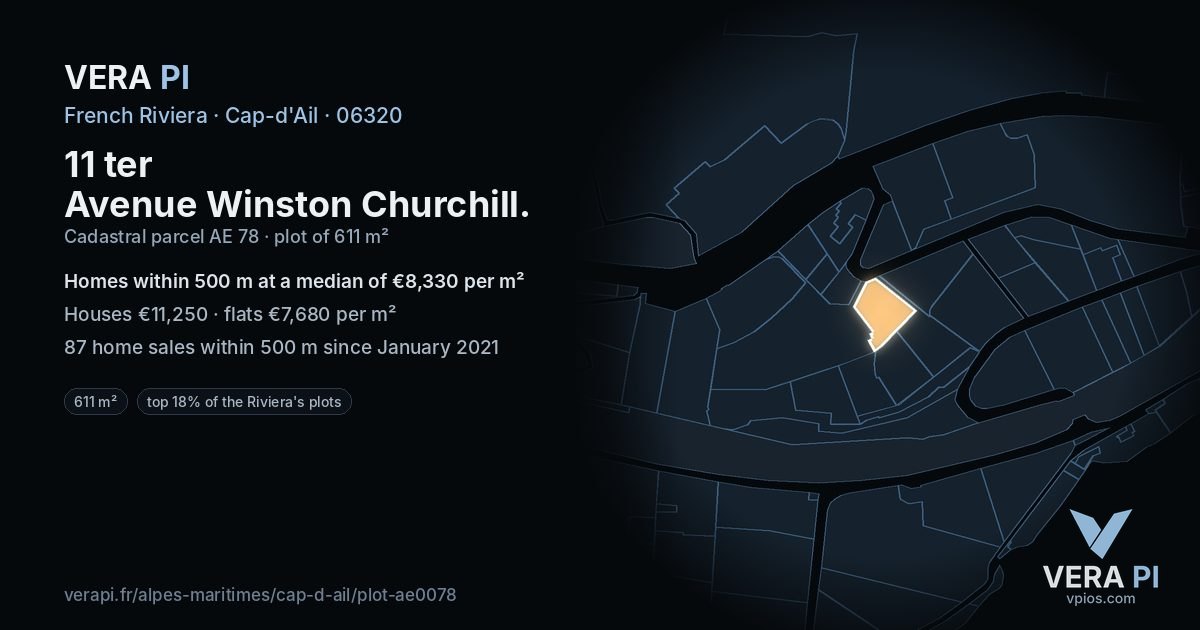 11 ter Avenue Winston Churchill, Cap-d'Ail at night – the plot lit, the parcels around coloured by the prices near them