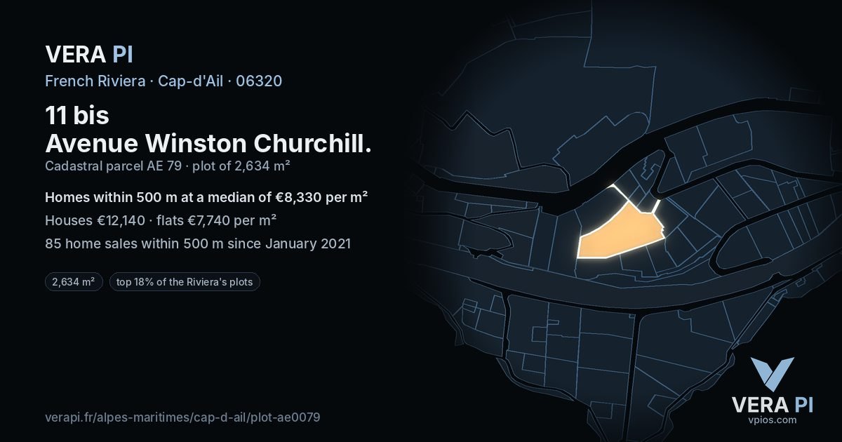 11 bis Avenue Winston Churchill, Cap-d'Ail at night – the plot lit, the parcels around coloured by the prices near them
