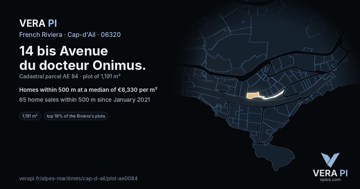 14 bis Avenue du docteur Onimus, Cap-d'Ail at night – the plot lit, the parcels around coloured by the prices near them