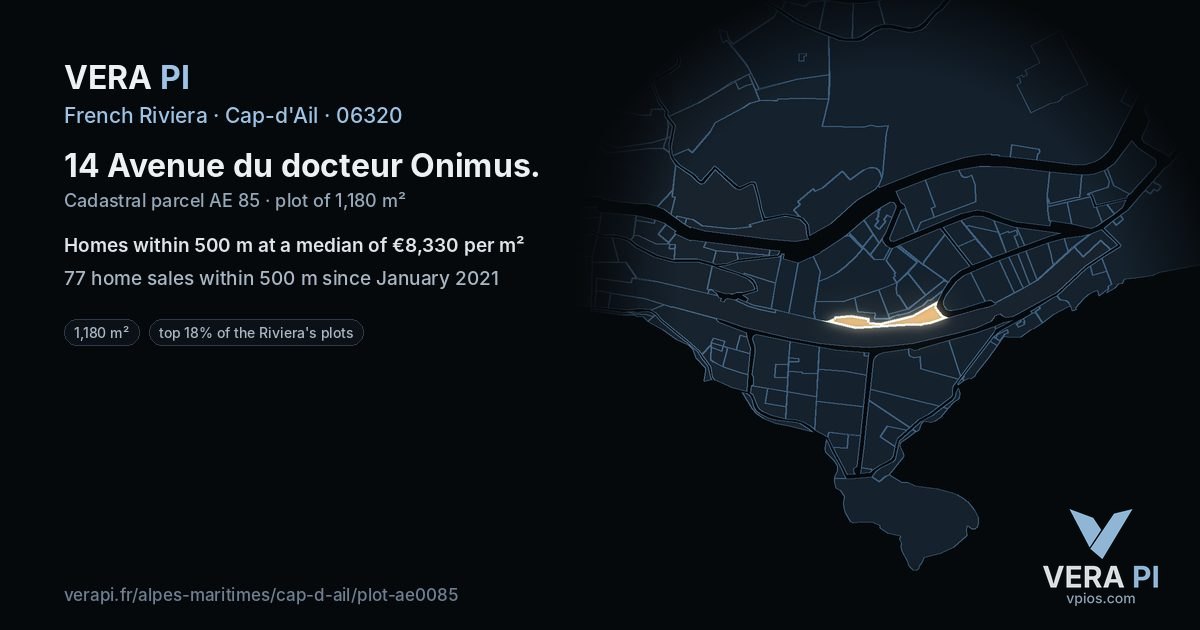 14 Avenue du docteur Onimus, Cap-d'Ail at night – the plot lit, the parcels around coloured by the prices near them
