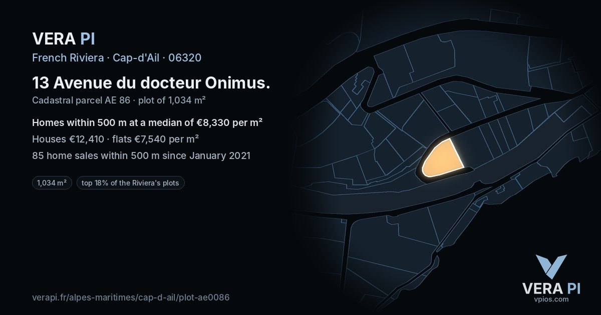 13 Avenue du docteur Onimus, Cap-d'Ail at night – the plot lit, the parcels around coloured by the prices near them