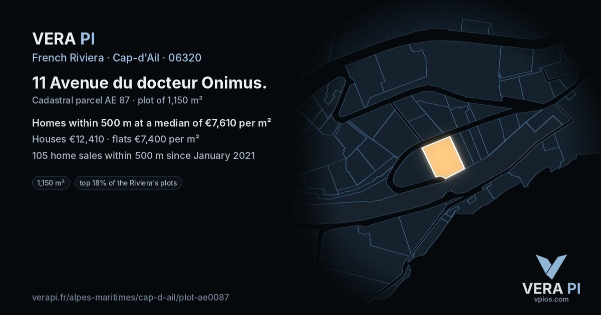 11 Avenue du docteur Onimus, Cap-d'Ail at night – the plot lit, the parcels around coloured by the prices near them