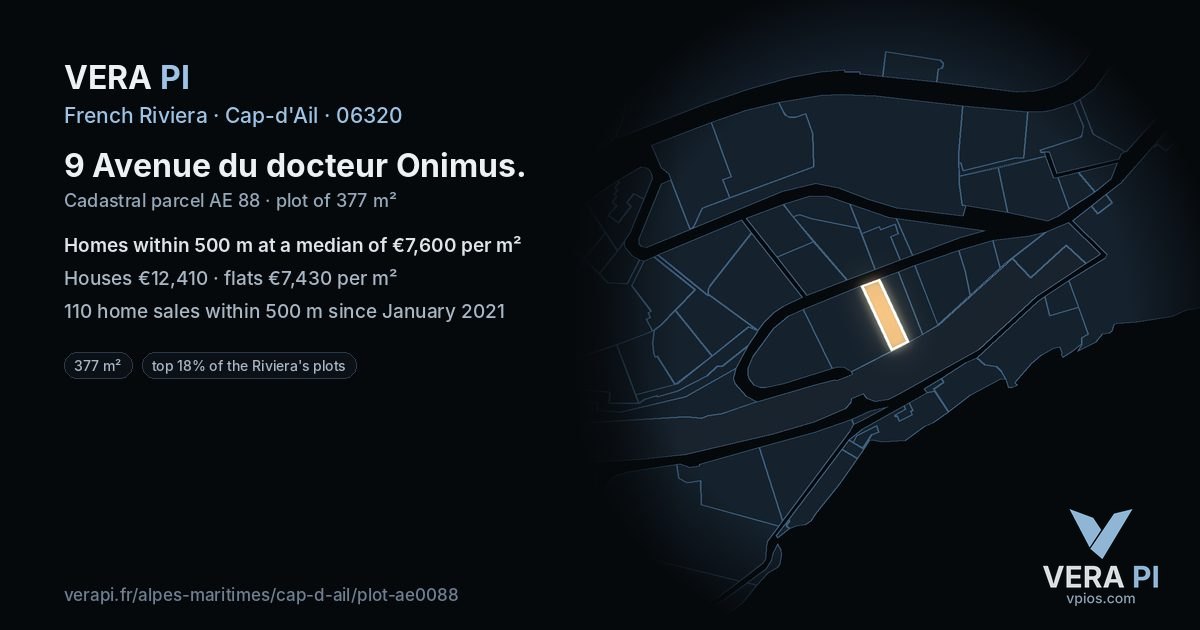 9 Avenue du docteur Onimus, Cap-d'Ail at night – the plot lit, the parcels around coloured by the prices near them