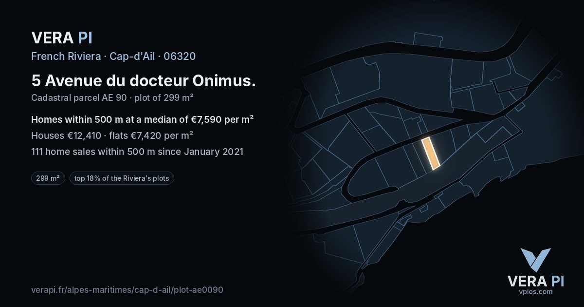 5 Avenue du docteur Onimus, Cap-d'Ail at night – the plot lit, the parcels around coloured by the prices near them