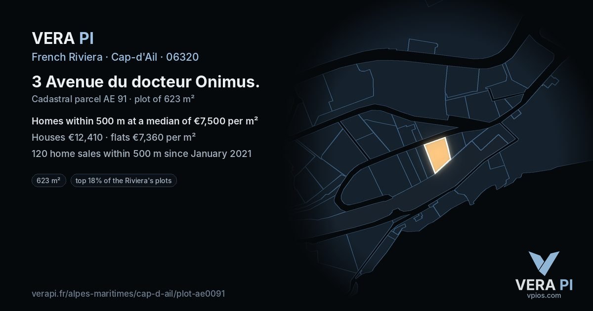 3 Avenue du docteur Onimus, Cap-d'Ail at night – the plot lit, the parcels around coloured by the prices near them