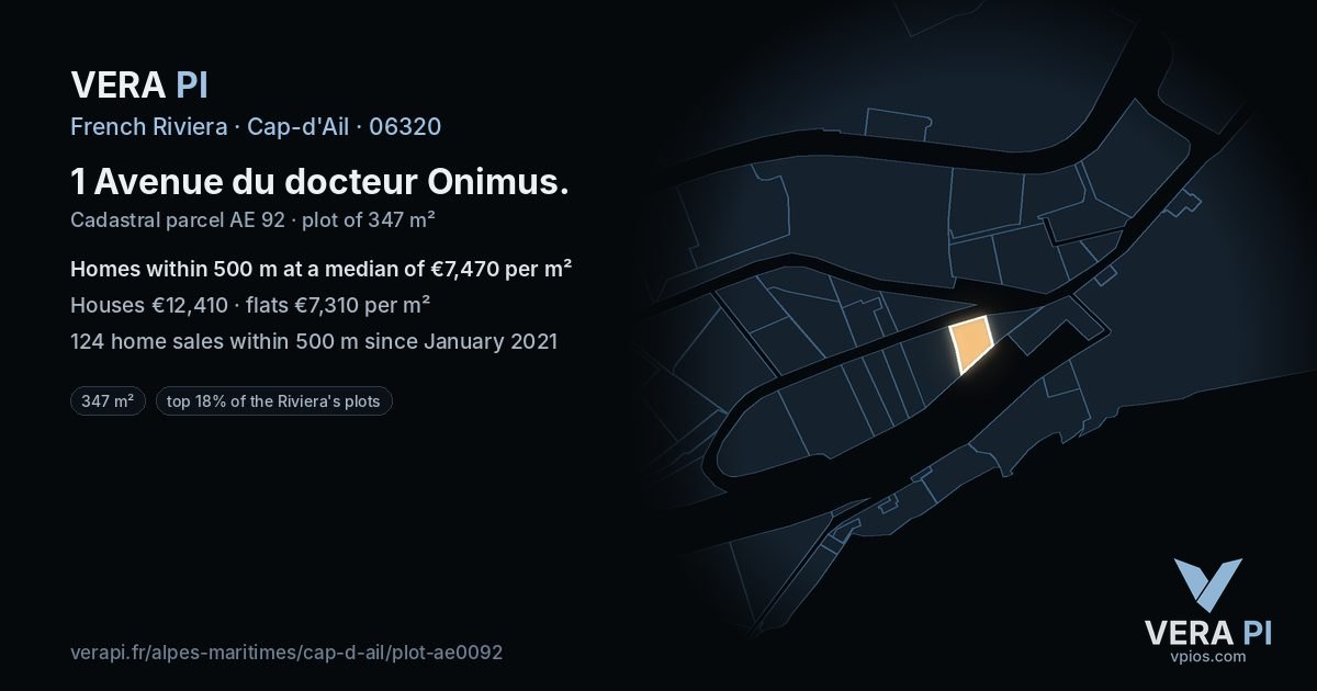 1 Avenue du docteur Onimus, Cap-d'Ail at night – the plot lit, the parcels around coloured by the prices near them