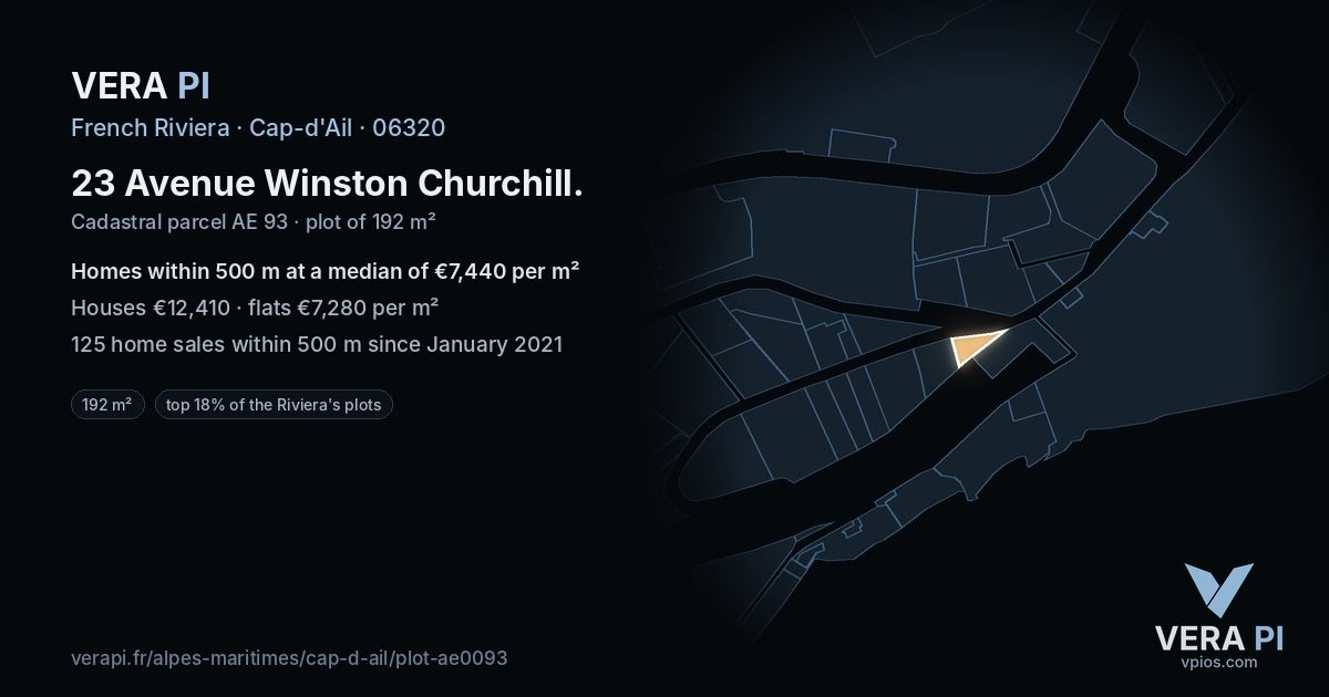 23 Avenue Winston Churchill, Cap-d'Ail at night – the plot lit, the parcels around coloured by the prices near them