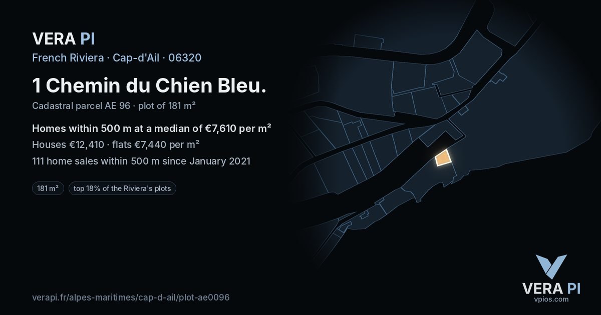 1 Chemin du Chien Bleu, Cap-d'Ail at night – the plot lit, the parcels around coloured by the prices near them