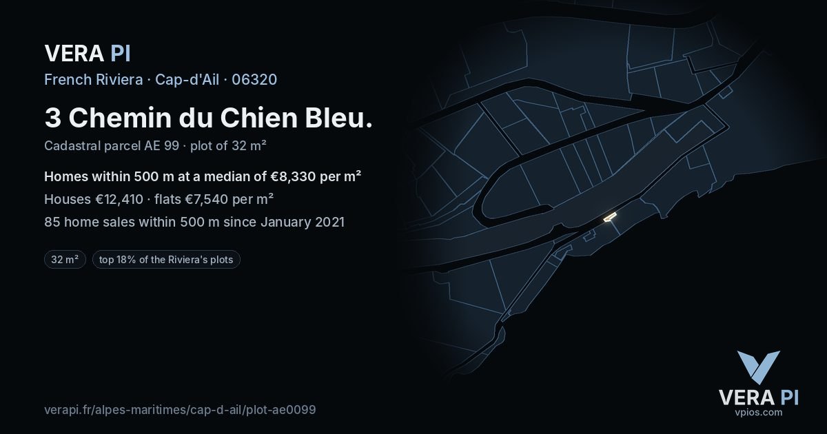 3 Chemin du Chien Bleu, Cap-d'Ail at night – the plot lit, the parcels around coloured by the prices near them
