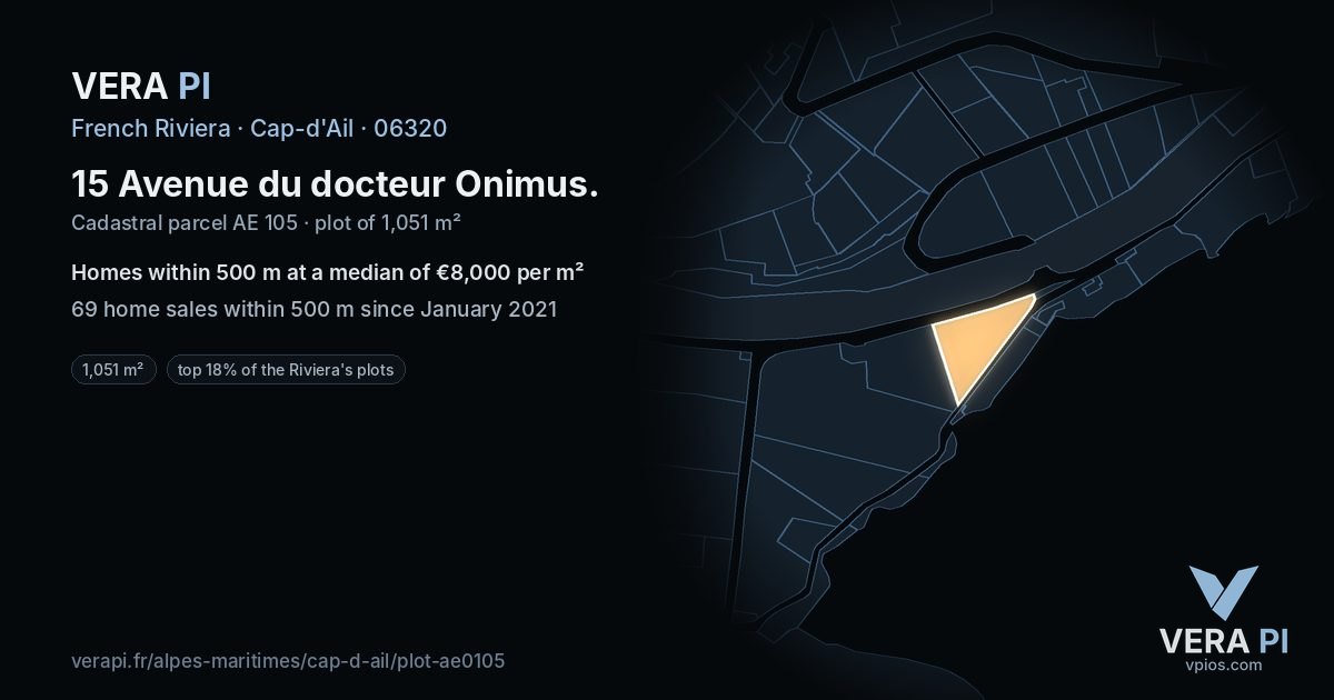 15 Avenue du docteur Onimus, Cap-d'Ail at night – the plot lit, the parcels around coloured by the prices near them