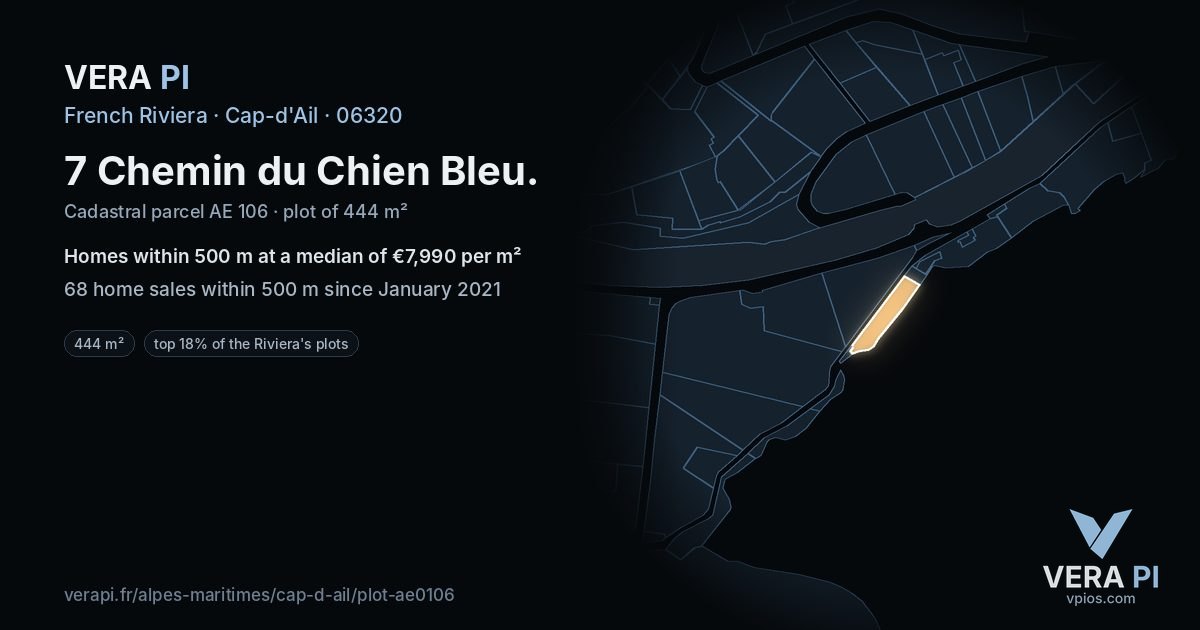 7 Chemin du Chien Bleu, Cap-d'Ail at night – the plot lit, the parcels around coloured by the prices near them