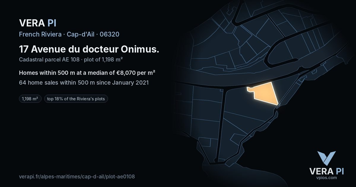 17 Avenue du docteur Onimus, Cap-d'Ail at night – the plot lit, the parcels around coloured by the prices near them