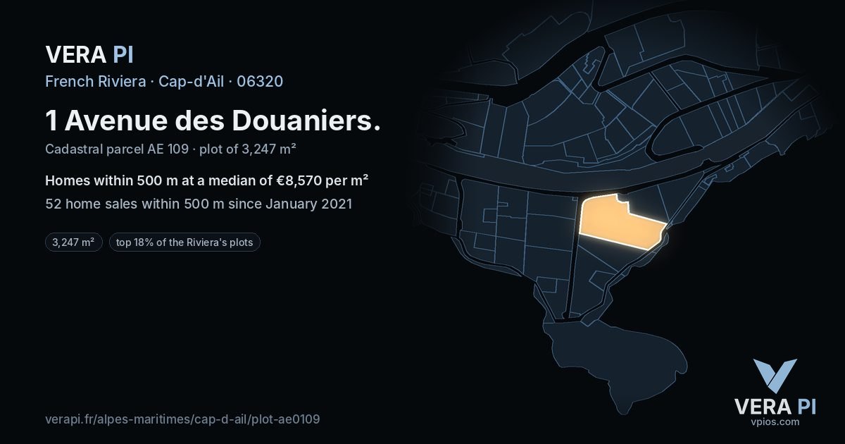 1 Avenue des Douaniers, Cap-d'Ail at night – the plot lit, the parcels around coloured by the prices near them