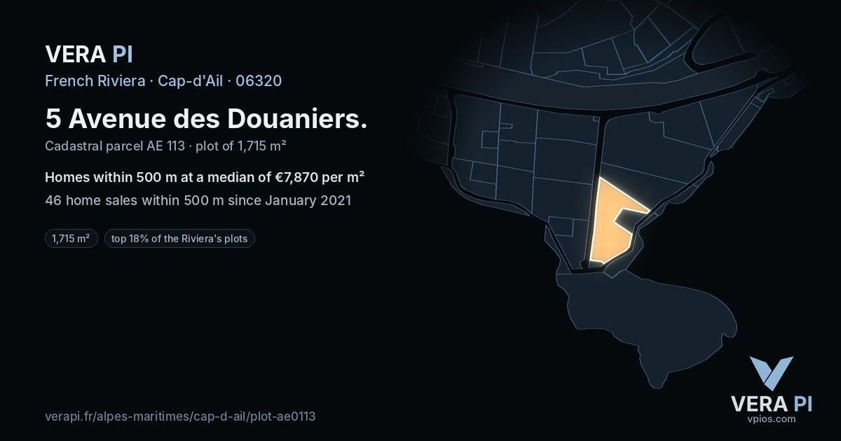 5 Avenue des Douaniers, Cap-d'Ail at night – the plot lit, the parcels around coloured by the prices near them