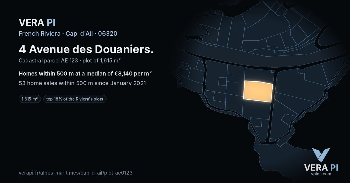 4 Avenue des Douaniers, Cap-d'Ail at night – the plot lit, the parcels around coloured by the prices near them