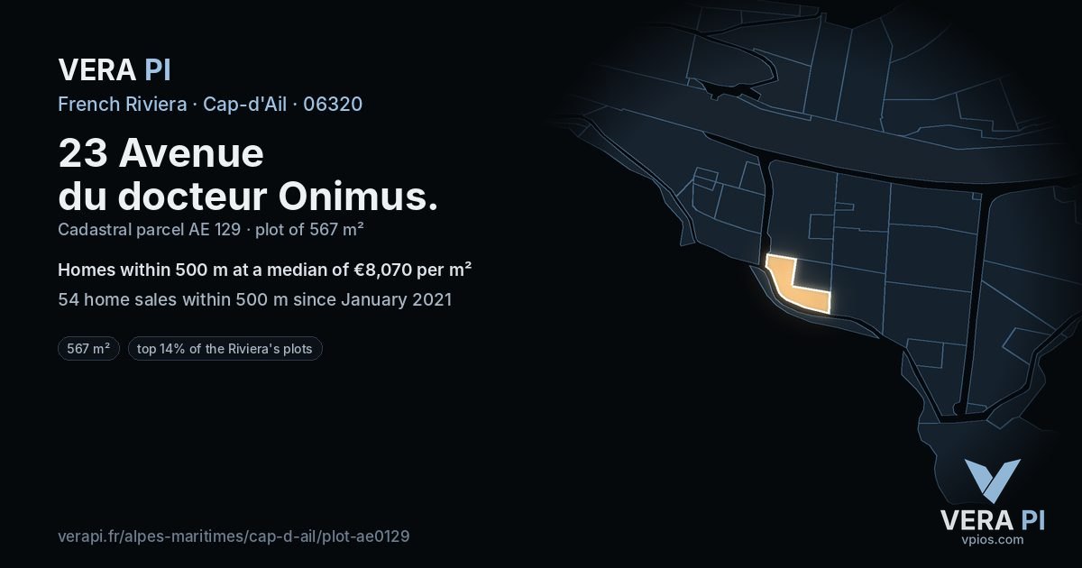 23 Avenue du docteur Onimus, Cap-d'Ail at night – the plot lit, the parcels around coloured by the prices near them
