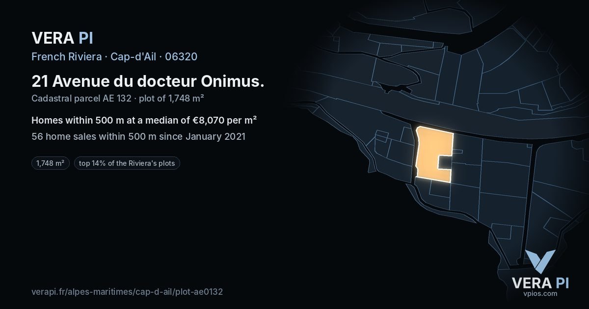 21 Avenue du docteur Onimus, Cap-d'Ail at night – the plot lit, the parcels around coloured by the prices near them