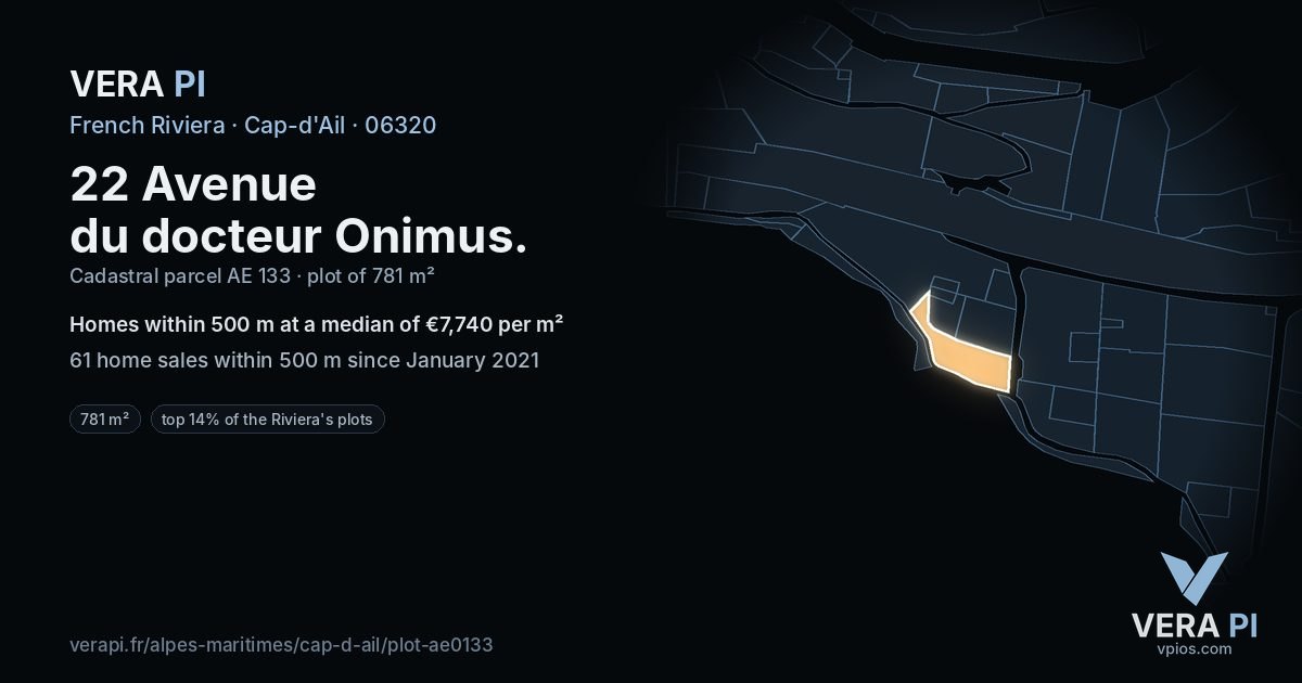 22 Avenue du docteur Onimus, Cap-d'Ail at night – the plot lit, the parcels around coloured by the prices near them