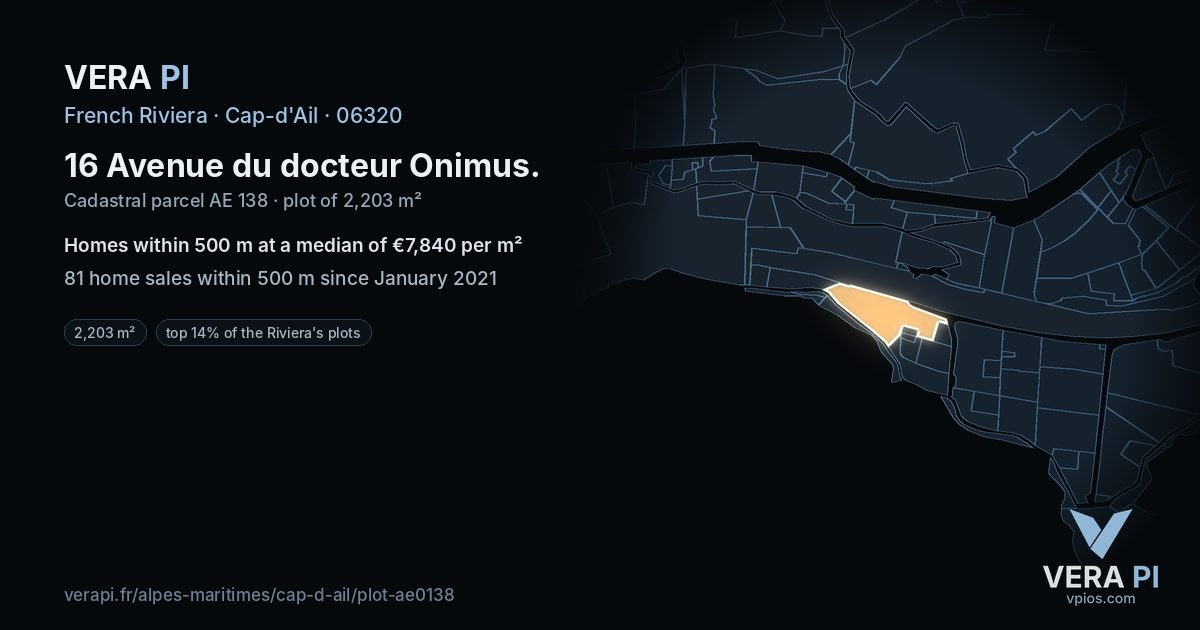 16 Avenue du docteur Onimus, Cap-d'Ail at night – the plot lit, the parcels around coloured by the prices near them