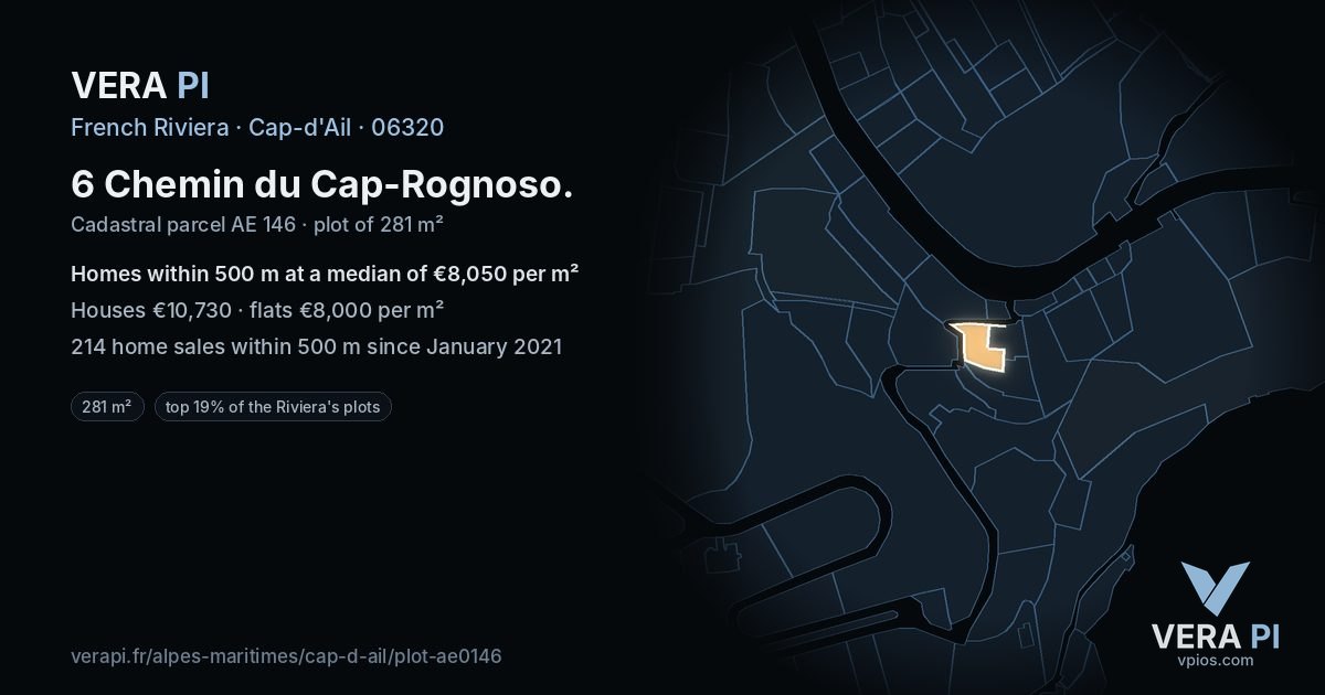 6 Chemin du Cap-Rognoso, Cap-d'Ail at night – the plot lit, the parcels around coloured by the prices near them