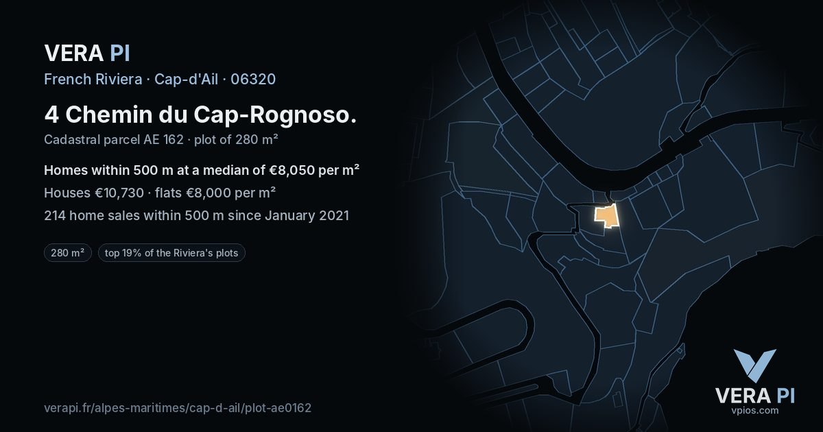 4 Chemin du Cap-Rognoso, Cap-d'Ail at night – the plot lit, the parcels around coloured by the prices near them