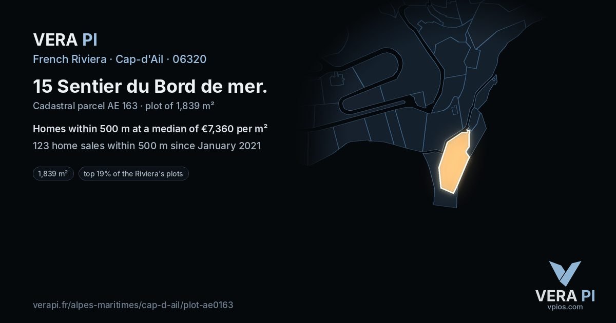 15 Sentier du Bord de mer, Cap-d'Ail at night – the plot lit, the parcels around coloured by the prices near them