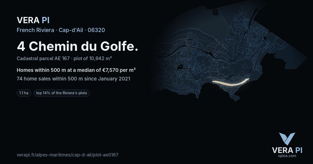 4 Chemin du Golfe, Cap-d'Ail at night – the plot lit, the parcels around coloured by the prices near them